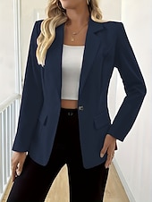 baratos Blazers e Fatos-Mulheres Blazer Confortável Bolsos Moda Casual Tecido Escritório Festa Rua Roupa Diária Padrão Lapela Chanfrada Normal Manga Longa agasalhos Preto Branco Azul Marinha Primavera Outono