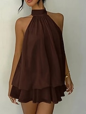 voordelige Eenvoudige jurk-Dames Mini-jurk Zomerjurk halter jurk Casual Dagelijks Strand Feestdagen Ruim Passend Effen Mouwloos Halternek Geel Rood Hemelsblauw Bruin Zomer Lente