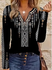 economico T-shirt Boho-Per donna Maglietta Cerniera Stampato Grafico Tribale Moda Casual Manica Lunga Girocollo Scollo a V Top Regolari Quotidiano Marrone Scuro Nero Rosso Verde Primavera Autunno