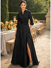 abordables Largo del piso-Corte A Hasta el Suelo Vestido de Camisa Vestido Invitada Boda Vestido formal Vestido de Madrina Manga 3/4 Cuello Camisero Elegante Boda Formal Tafetán Satén elástico con Abertura