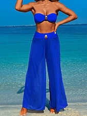 preiswerte 3-teiliges Bikini-Set-Damen Badeanzug Dreiteilig Hose Bademode Gerafft Rückenfrei Urlaub Strandbekleidung Einfach Trägerlos Ärmellos Badeanzüge