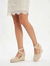 voordelige Vrouwen-Dames gehaakte kant espadrillesandalen met sleehak – vintage stijl gesloten teen platform schoenen met enkelbandjes, ideaal voor zomerse strandbruiloften en tuinfeesten