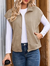 cheap Vest-Women's Casual Jacket Comfortable Breathable Zipper Pocket Buttons Casual Plain Casual Vacation Street Daily Wear Zipper Regular Turndown Regular Fit Short Sleeves Outerwear Black White Brown Spring