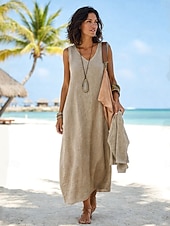 Χαμηλού Κόστους Φορέματα-Φόρεμα Maxi από Λευκό Λινό Σατέν με Λάδι Σατράπεζα Φόρεμα Καλοκαίρι Καθημερινό Εξωτερικό Κανονική Εφαρμογή Μονοχρωμία Χωρίς Μανίκι V Λαιμό Μπλε Καλοκαίρι Άνοιξη