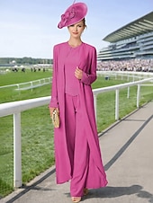 preiswerte Hosenanzüge für Mama-Overall Hosenanzug Dreiteilig Bodenlang Brautmutterkleid Langarm Bateau-Ausschnitt Elegant Übergröße Mit Schal Formell Hochzeitsgast Chiffon Mit Schal mit Perlenstickerei
