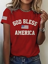  Självständighetsdag Patriotiska Kvinnors T-shirt Tryck Grafisk Bokstav Amerikansk Flagga Stilren Klassisk Avslappnad Kort Ärmd Rundhals Vanliga Toppar Daglig Blå Svart Röd Sommar Vår