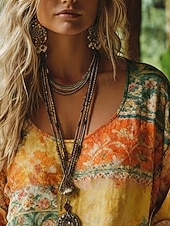 tanie Boho topy-Damskie Koszulka w stylu boho Podkoszulek Koszulka Nadruk Kwiaty Zabytkowe Etniczne Codzienny Długi rękaw W serek Zwykłe topy Codzienny Weekend Ubrania wakacyjne Pomarańczowy Lato Wiosna Jesień