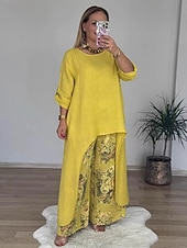 baratos Blusas femininas-Mulheres Conjuntos de calças Bolero Top Manga Longa Decote Redondo Floral Gráfico Imprimir Moda Roupa de rua Casual Diário Ao ar livre Branco Amarelo Rosa Verão Ajuste Largo