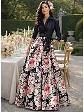 preiswerte Bodenlänge-A-Linie Bodenlang Kleid für Hochzeitsgäste Abendkleid Brautmutterkleid Dreiviertelarm Hemdkragen Elegant Hoher Schlitz Formell Satin mit Knöpfe