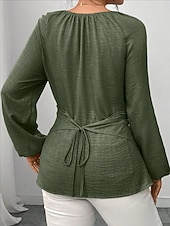 cheap Plain Blouses-Women's Blouse Ruched Plain Elegant Stylish Basic Long Sleeve Crew Neck Regular Tops Daily Streetwear Black Pink Wine Green Khaki Spring Fall