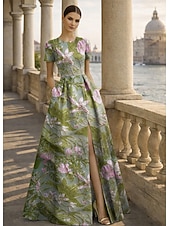  גזרת A עד הריצפה שמלות ערב שמלת נשף אלגנטית וינטאג' פרחוני שרוולים קצרים צווארון עגול קצר מסיבת חצר חתונה כיס ג'אקרד גב בדוגמת דרפה עם שסע כיס