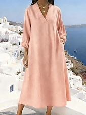 cheap Plain Dress-Women's Midi Dress Shift Dress Casual Dress Cotton Dress Fashion Modern Daily Weekend Loose Fit Plain Long Sleeve V Neck Blue Pink Green Khaki Summer Spring