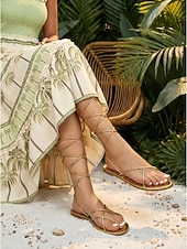 tanie Kobiety-Damskie sandały ze złotym metalicznym wykończeniem, sznurowane – eleganckie płaskie buty typu gladiator z paskami na wakacje na świeżym powietrzu i na tropikalnej wyspie &amp;letnie imprezy na plaży