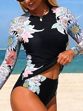 tanie Zestawy bikini-Damskie Stroje kąpielowe Bikini 2 szt Majtki Kostium kąpielowy Szczupła Odkryte plecy Urlop Stroje plażowe Kwiaty Okrągły dekolt Długi rękaw Kostiumy kąpielowe