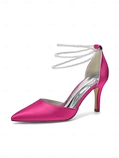 Недорогие Невеста-Женские серебристые атласные туфли на каблуке с острым носком и жемчужными ремешками на щиколотке, элегантные свадебные туфли для пляжной свадьбы.