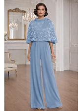 cheap Mom's Jumpsuits-Sheath Column Jumpsuit Pantsuit Floor Length Mother of the Bride Dress Half Sleeve Crew Neck Elegant Simple Casual Formal Wedding Guest Wedding Party Chiffon Shawls with 3D Flowers Beading Appliques