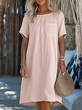 abordables Robes Fausse Essentielle-Femmes Robe Longueur Genou Coton mélangé Robe Décontractée Robe en Coton Robe T-Shirt Mode Moderne Quotidien Vacances Sortir Coupe Ample Uni Manche Courte Col ras du cou Bleu Blanche Rose Claire Vert