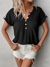 economico T-shirt semplice-Per donna Maglietta Bottoni Semplice Moda Elegante Classico Manica Corta Scollo a V Top lunghi Quotidiano Uscire Weekend Blu Nero Viola Verde Caffè Estate Primavera