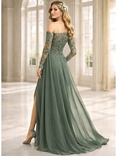 abordables Largo del piso-Funda Columna Vestidos Hasta el Suelo Vestido Invitada Boda Vestido formal Vestido de noche Vestido de Madrina Manga Larga Un Hombro Elegante Formal Gasa con Encaje Un Color