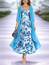 abordables Vestido Floral-Mujer Conjunto de vestido Vestido de una línea Elegante Vacaciones Floral Graphic Multi capa Estampado Vestido Midi Manga 3/4 Escote en Pico Diario Vacaciones Azul Piscina Morado Verde Trébol Verano