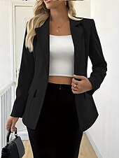 baratos Blazers e Fatos-Mulheres Blazer Confortável Bolsos Moda Casual Tecido Escritório Festa Rua Roupa Diária Padrão Lapela Chanfrada Normal Manga Longa agasalhos Preto Branco Azul Marinha Primavera Outono