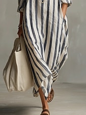 economico Abiti Falsi Essenziali-Per donna Abito lungo maxi Abito Camicia Vestito Casual Abito in finto lino Moda Moderno Quotidiano Vacanza Uscire Vestibilità comoda A righe Manica Lunga Scollo a V Blu Nero Rosa Rosso Primavera