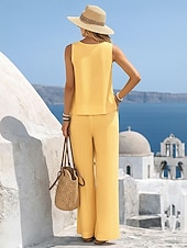 economico Set Coordinati di Lusso-Per donna Set di biancheria in cotone Gilet in cotone e lino Set di Pantaloni Senza Maniche Girocollo Tinta unica Moda Streetwear Casuale Quotidiano All'aperto Bianco Giallo Beige Estate Vestibilit