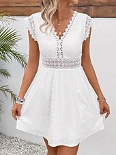 voordelige Witte kanten jurken-Dames Halflange jurk Kanten jurk Witte jurk Jurk met oogjes Elegant Modieus Modern Casual Dagelijks Buiten Normale pasvorm Effen Mouwloos V-hals Zwart Wit Zomer Lente