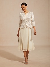 tanie Zestawy sukienkowe-Zestawy sukienek damskich, marynarka, wygodna, haftowana, z cekinami, elegancka, kwiatowa, formalna, zapinana z przodu na guziki, regularny okrągły dekolt, regularny krój, rękawy 3/4, odzież