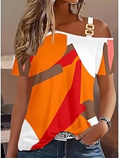 cheap Boho tee-Women's T Shirt Tee Top Print Asymmetrical Graphic Geometric Abstract Vintage Fashion Stylish Short Sleeve One Shoulder Off Shoulder Asymmetric Neck Regular Tops Daily Going out Weekend Orange Green