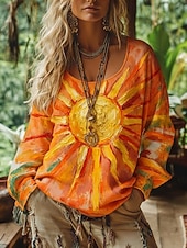 abordables Tops Boho-Mujer Camiseta bohemia Camiseta Camiseta superior Estampado Graphic Vintage Étnico Casual Manga Larga Escote en Pico Tops regulares Diario Fin de semana Ropa de vacaciones Amarillo Rojo Naranja Verde