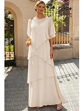 economico Lunghezza del pavimento-Linea ad A Lunghezza al pavimento Abito da invitata a nozze Abito Formale Abito a Strati Abito da cerimonia per signora Mezza Manica Scollo a Barca Elegante Formale Ospite di nozze Chiffon con Volant