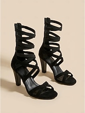 abordables Mujeres-Sandalias gladiadoras negras con tiras para mujer: tacones de jaula con puntera abierta y múltiples tiras en el tobillo para festivales de música y conciertos de verano. &amp;salir de noche