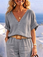 levne Základní sady falešných koordinačních kalhotek-Dámské Sady kalhot Bolero Top Imitace bavlny a lnu Poloviční rukáv Do V Pevná barva Módní Šik ven Ležérní Denní Venkovní Šedá Léto Běžný