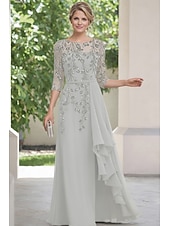 baratos Comprimento do chão-A-Line Floor Length Mother of the Bride Dress 3/4 Length Sleeve Boat Neck Elegant Vintage Embellished Formal Chiffon Lace with Beading Cascading Ruffles