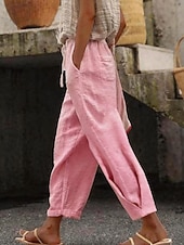 Χαμηλού Κόστους Βασικά Ψεύτικα Κάτω-Γυναικεία Βαμβακερό λινό παντελόνι κινέζικα Ίσια Διακοπές Βασικό Καθημερινό Πλήρες μήκος Ψηλή Μέση Σκέτο Τσέπη Ελαστική ζώνη μέσης Άνετα Άνεση Moale Μικροελαστικό