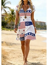  American Independence Day Women's Mini Dress Sundress Sheath Dress T Shirt Dress Tee Dress A Line Dress Vacation Casual Outdoor Beach Party Regular Fit Graphic Stars and Stripes Short Sleeve V Neck