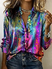 tanie Bluzki Art&amp;Design-Damskie Koszula Graficzny Geometryczny Bohema Zabytkowe Elegancki Długi rękaw Kołnierzyk koszuli Zwykłe topy Codzienny Święto Niebieski Rumiany róż Fioletowy Lato Wiosna