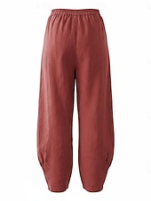 preiswerte Premium-Leinen-Kollektion-Damen-Leinenhose aus 70 % Leinen, weites Bein, Chino-Stil, Sommerhose, Urlaubshose, Streetwear, Basic, lange Länge, mittlere Bundhöhe, schlicht, Tasche, elastischer Bund, bequem, komfortabel, nicht elastisch, für Alltag, Outdoor, Straße, Bordeauxrot, Azur