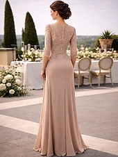 baratos Floor Length-Dress Floor Length Wedding Guest Dress Formal Dresses Evening Gown Mother of the Bride Dress 3/4 Length Sleeve Crew Neck Elegant Simple Wedding Guest with Lace Solid Color