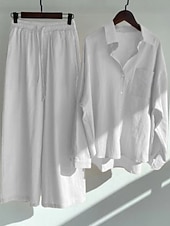 preiswerte Sets-Damen Baumwoll-Leinen Hosen Sets Bolero Oberteil Langarm Hemd Kragen Einfarbig Mode Streetwear Lässig Alltag Draußen Blau Schwarz Weiß Sommer Lockerer Schnitt