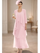 cheap Mom's Dress Sets-Sheath Column Ankle Length Wedding Guest Dress Mother of the Bride Dress Sleeveless V Neck Elegant Simple Wedding Guest Semi Formal Chiffon with Tier Solid Color