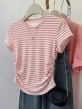 preiswerte Streifen- und geometrisches T-Shirt-Damen T Shirt T-Shirt Druck Gestreift Mode Stilvoll Klassisch Kurzarm Rundhalsausschnitt Normale Oberteile Täglich Ausgehen Wochenende Blau Rosa Sommer Frühling