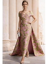  Linha A Longo Vestidos de noite Vestido de baile com sobressaia Vestido formal Elegante Estilo Celebridade Sedoso Sem Manga Ombro a Ombro Festa de Jardim Casamento Jacquard com Pregas
