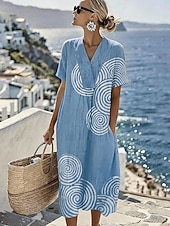 billige Stripete og geometriske kjoler-Dame Midikjole Solkjole Kjole med A-linje Ferie Fritid Strandstil Strand Fest Løstsittende Grafisk Geometrisk Kortermet V-hals Blå Lilla Grønn Kakifarget Sommer Vår