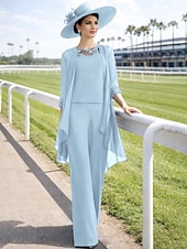 economico Tailleur pantalone della mamma-Tuta Completo Pantalone Tre Pezzi Lunghezza al pavimento Abito da cerimonia per signora Senza Maniche Collo gioiello Elegante Taglie Forti Formale Ospite di nozze Ricevimento di matrimonio Chiffon