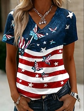  Giorno dell'Indipendenza Americana Per donna Maglietta Stampato Grafico Bandiera Bandiera Americana Vintage Elegante Classico Manica Corta Scollo a V Top Regolari Quotidiano Indaco Bianco Blu marino