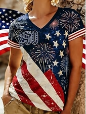 baratos Dia da Independência Top-Dia da Independência Camiseta Feminina Patriótica Impressão Gráfica Bandeira Americana Vintage Estilosa Clássica Manga Curta Decote em V Tops Regulares Diário Branco-Azul Branco Vermelho  Azul Verão