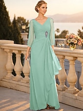  A-Line Floor Length Wedding Guest Dress Formal Dresses Evening Gown Mother of the Bride Dress 3/4 Length Sleeve V Neck Elegant Wedding Guest Engagement Party Chiffon with Beading Ruching