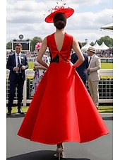 ieftine Rochii de seară cu talie empire-Haine Bal Lungime Gleznă Rochii de bal Rochii de seara Rochie De Bal Rochie formală Elegant 1950 Bloc de Culoare Fără manșon Gât Înalt Bal Invitat la nunta Satin cu Arc